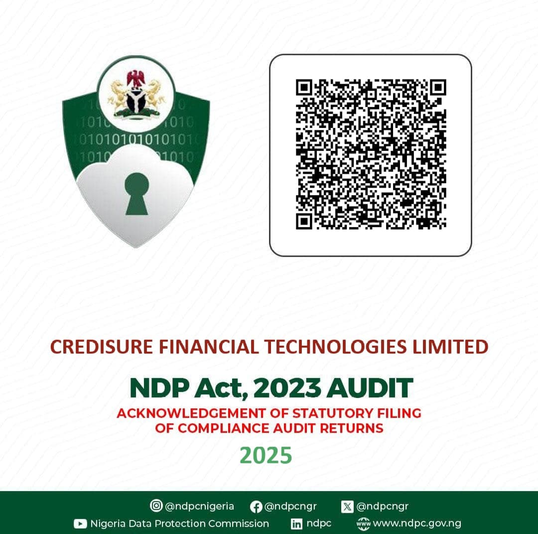 Nigeria Data Protection Commission (NDPC) 2025 certificate for CrediSure Financial Technologies Limited — NDP Act, 2023 Audit, acknowledgement of statutory filing of Compliance Audit Returns